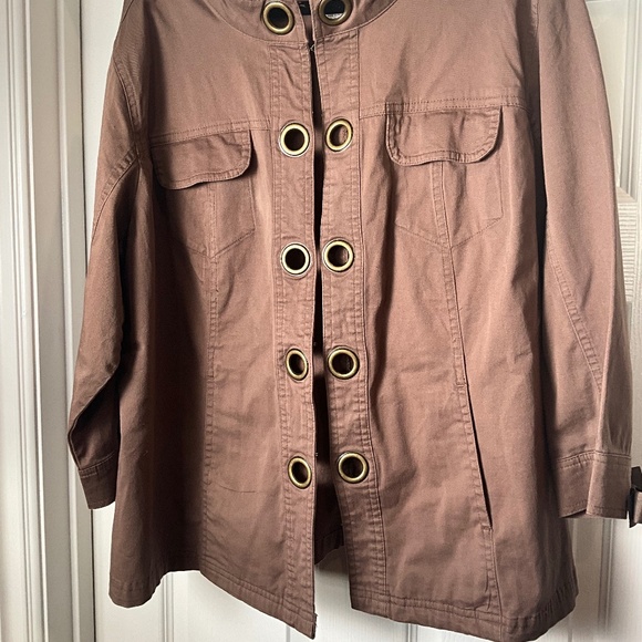 AMX Chic Barn Chore Utility Coat Cutout Grommets Bows Pockets Earthy Brown 2X - Picture 3 of 7